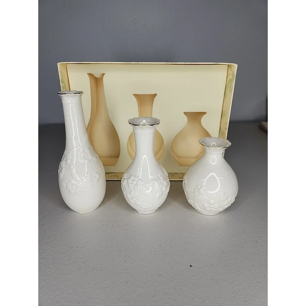 Vintage LENOX Ivory POSY VASES With Original Box 3 PC Set
